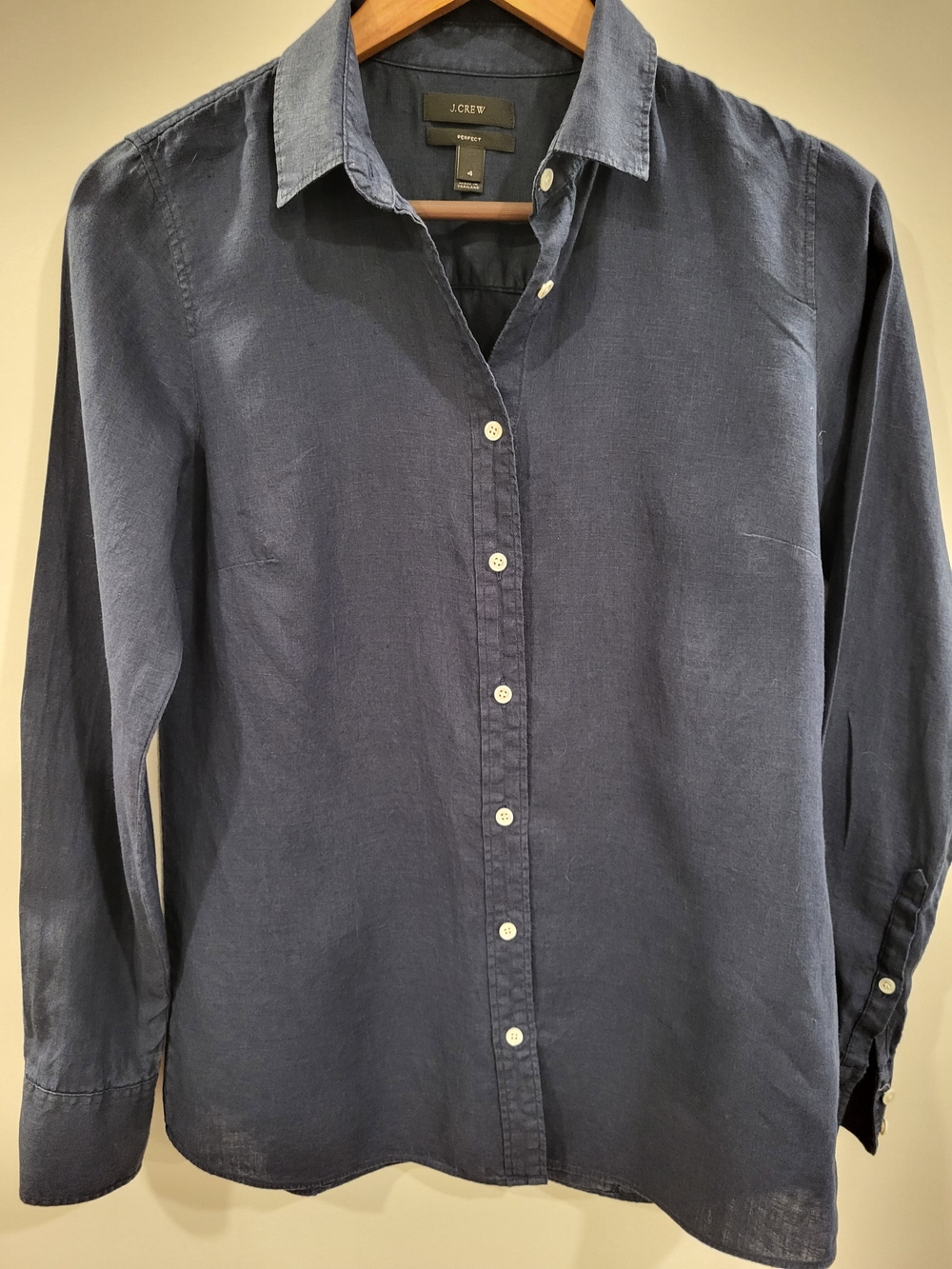 J.Crew Women's 100% Linen Navy Perfect Button-Up Shirt 4 Preppy Academia Classic